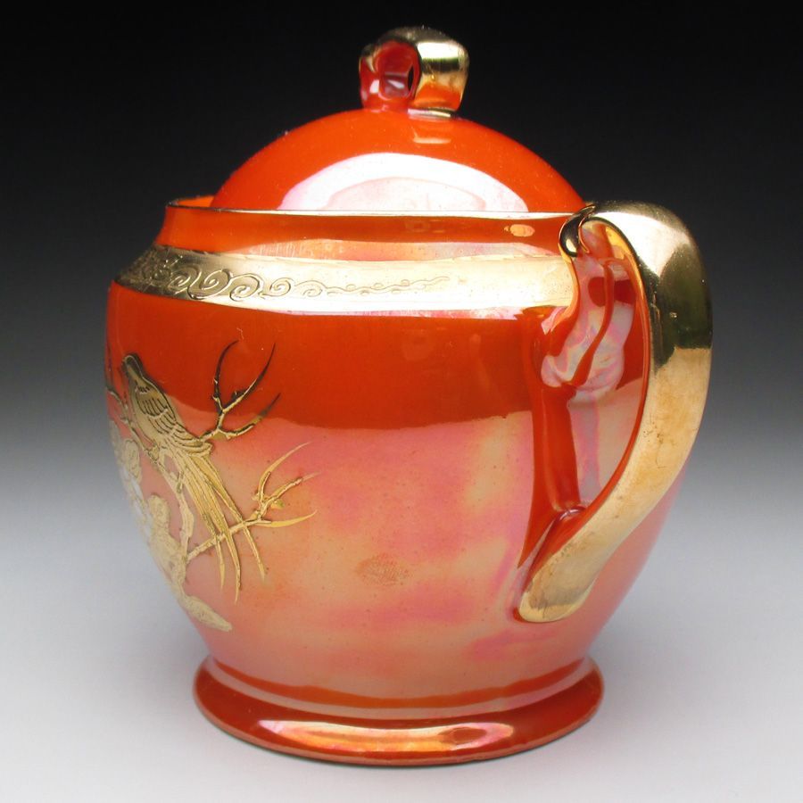 ノリタケ オレンジ色地金盛り シュガーポット 蓋物