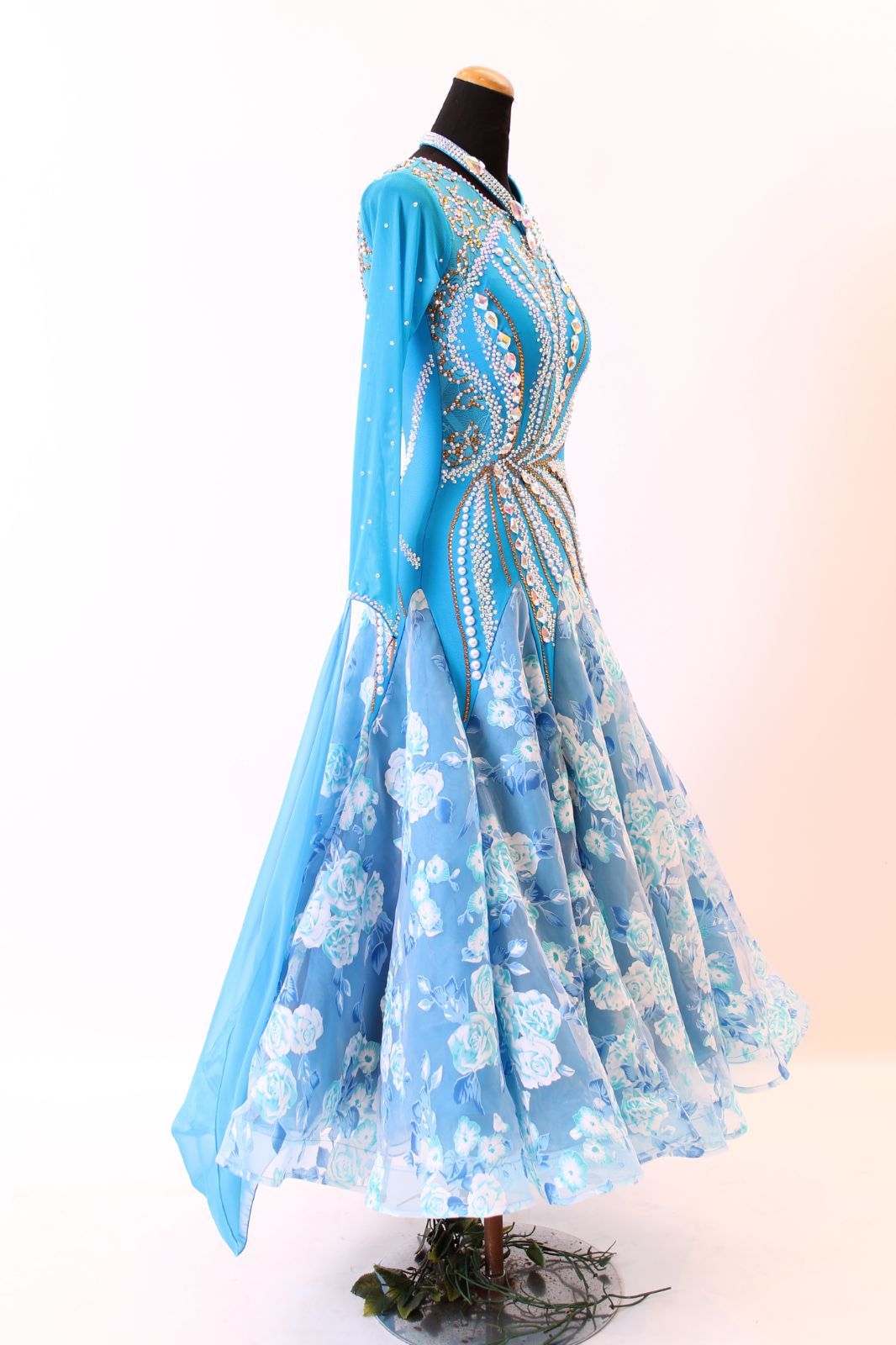 ロングドレス ターコイズブルー×プリント柄 Ｍサイズ コンテスト 発表会 パーティ ナイトロングドレス オーダーメイド対応可 GINKGOPHARMACY_COM