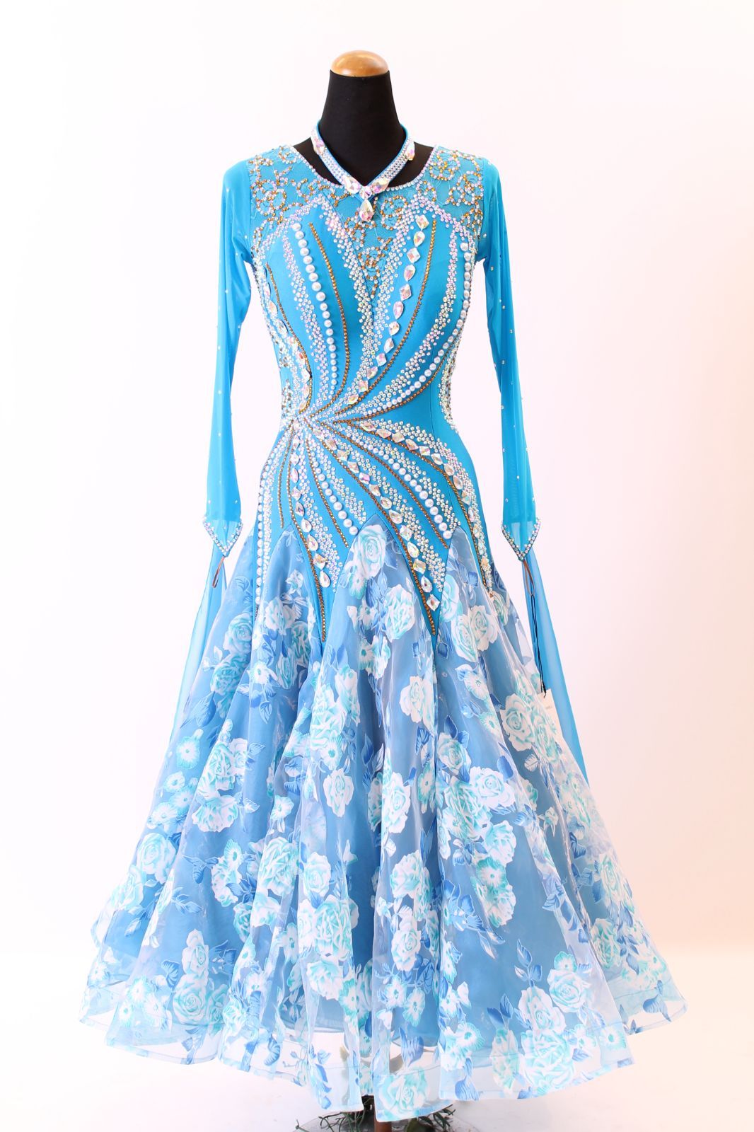 ロングドレス ターコイズブルー×プリント柄 Mサイズ コンテスト 発表会 パーティ ナイトロングドレス オーダーメイド対応可