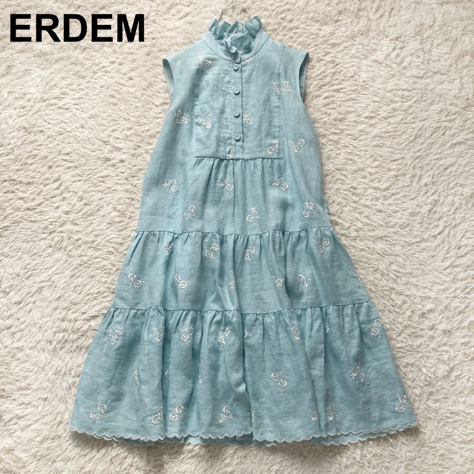 ERDEM アーデム ポルトドレス 上質 リネン ティアード 花柄刺繍 ロングワンピース ノースリーブ フリル くるみボタン ライトブルー 水色 UK8 M リゾート デートに 大人可愛 ポルトガル製