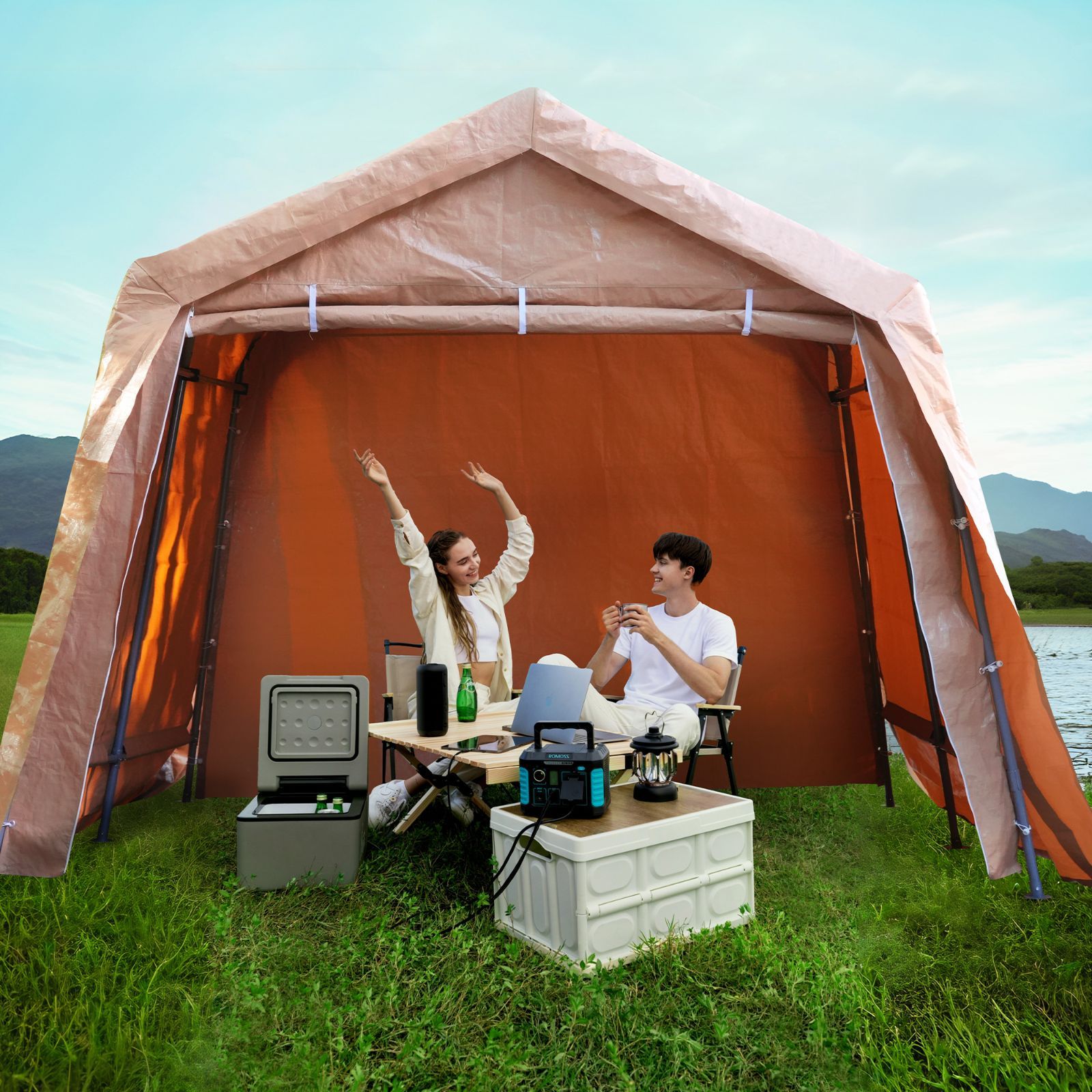 車庫テント 仮設倉庫 スチール製 頑丈 UVカット 防雨 BEIGE