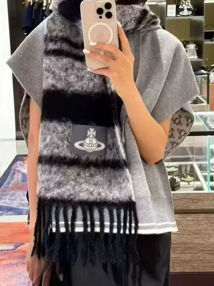 Vivienne Westwood ヴィヴィアン ウエストウッド ブラック - グレー ストライプ カシミア スカーフ 25周年 ハン