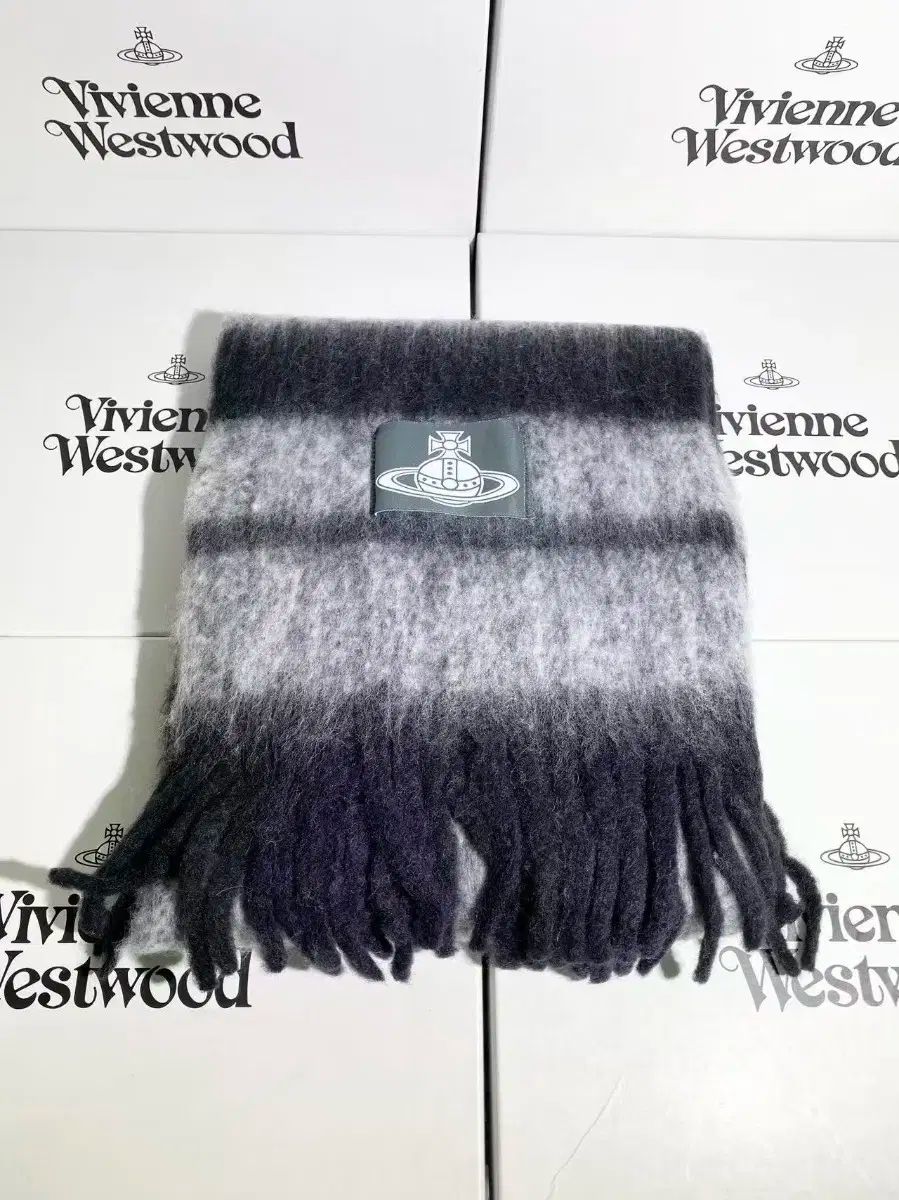 Vivienne Westwood ヴィヴィアン ウエストウッド ブラック - グレー ストライプ カシミア スカーフ 25周年 ハン