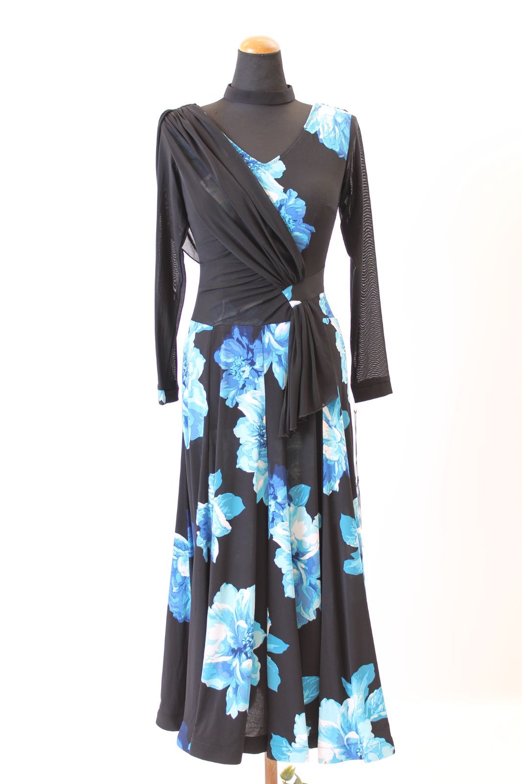 ロングドレス ブラック×水色の花柄 Mサイズ コンテスト 発表会 パーティ ナイトロングドレス オーダーメイド対応可