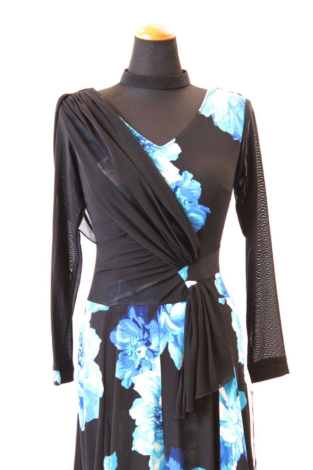 ロングドレス ブラック×水色の花柄 Ｍサイズ コンテスト 発表会 パーティ ナイトロングドレス オーダーメイド対応可