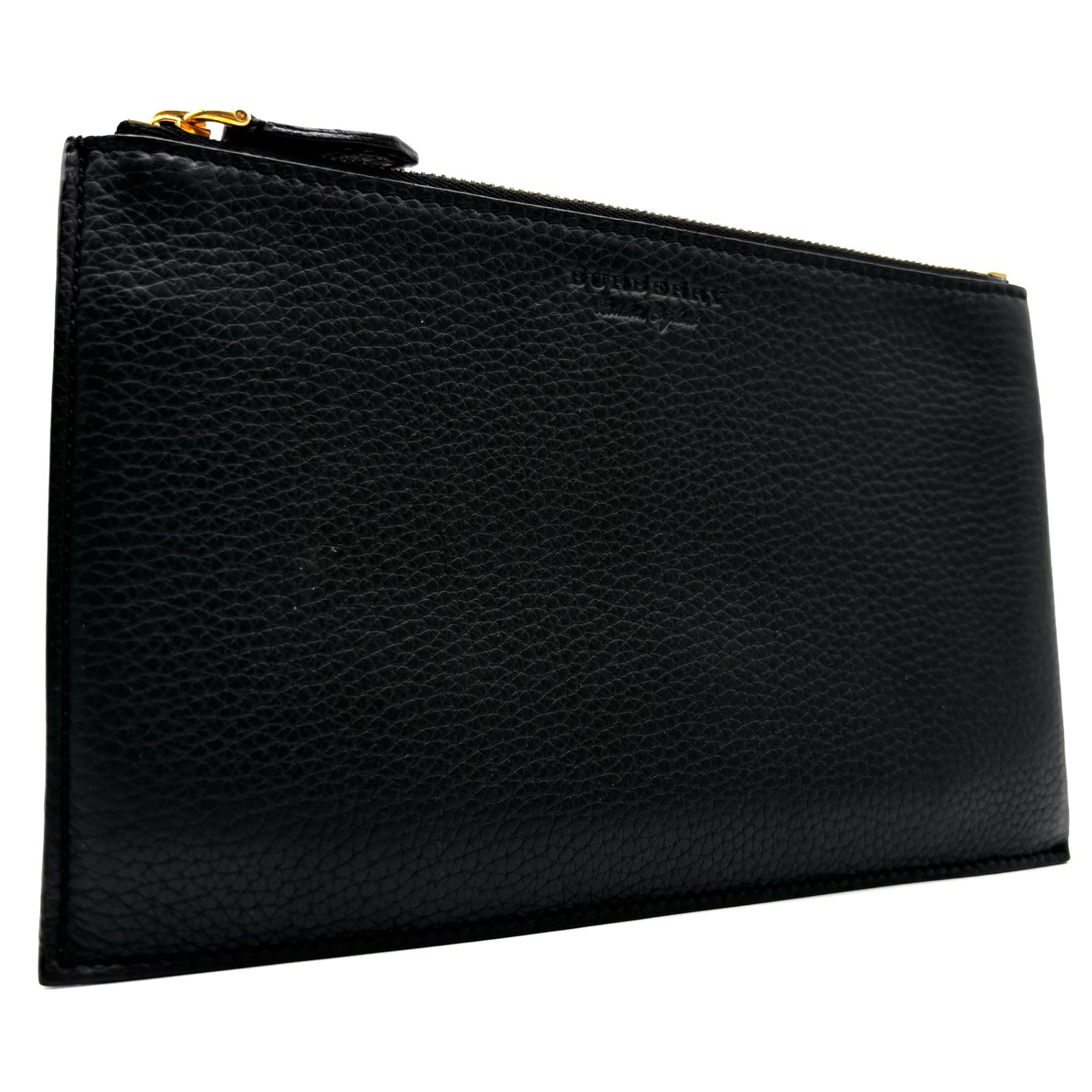 BURBERRY バーバリー クラッチバッグ ダブルファスナー ロゴ型押し ミニバッグ メンズ ビジネス ブラック レザー シボ革 冠婚葬祭 フォーマル 近年モデル