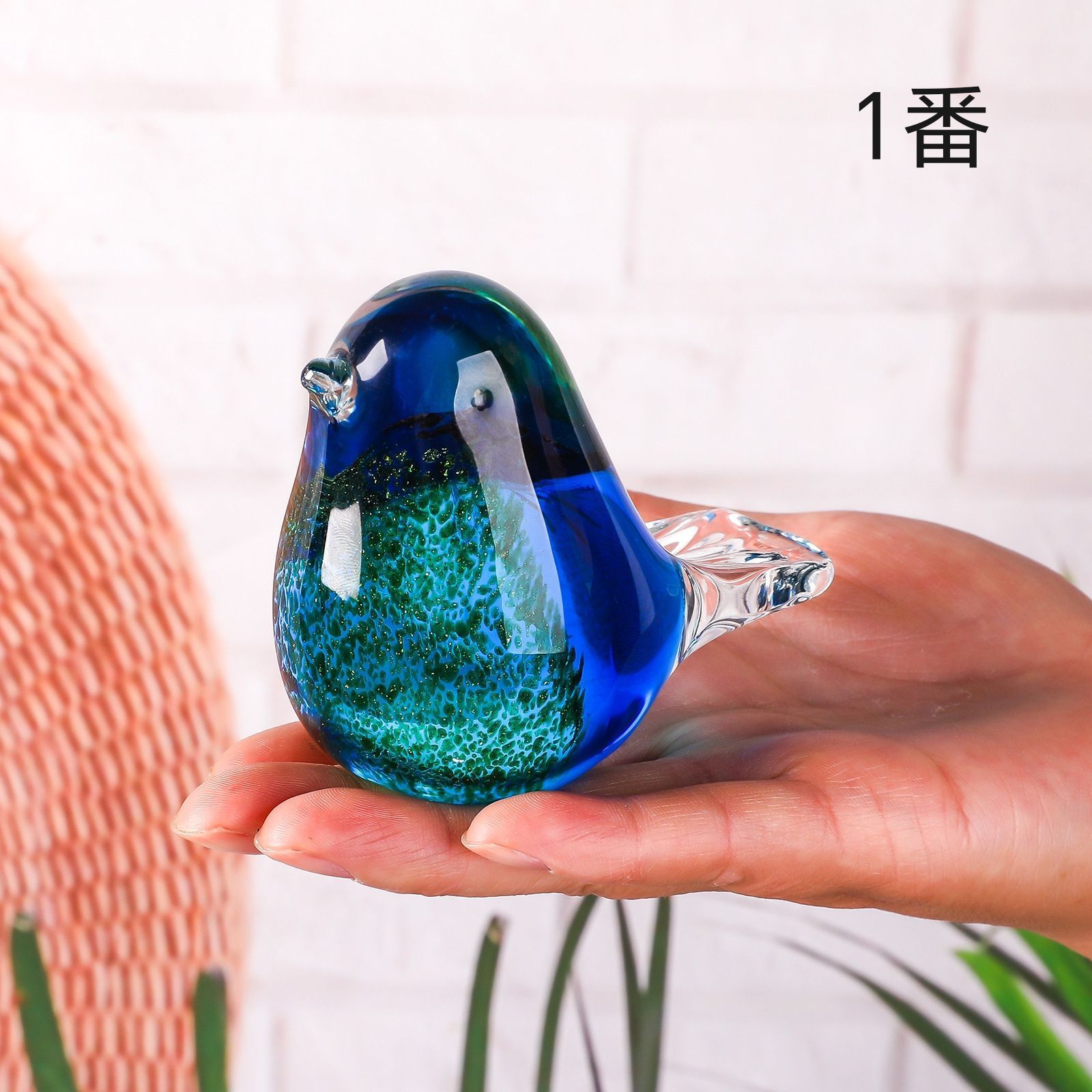 ガラス製小鳥オブジェ 新品未使用 ブルー＆グリーン 手作り 吹きガラス