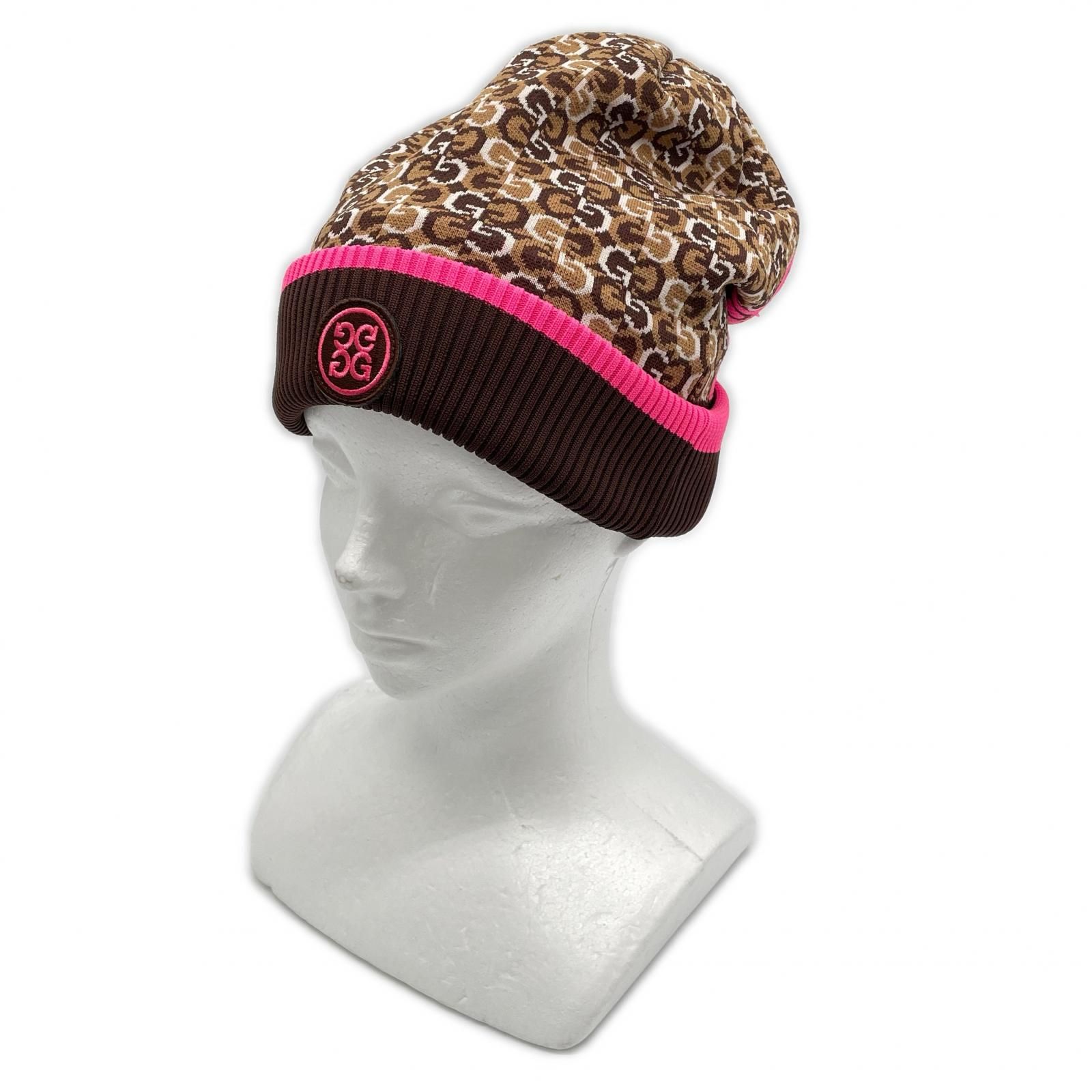  ジーフォア G/FORE ニット帽 フリー ブラウン×ピンク ワッチ ロゴ総柄 ワッペン 裏フリース