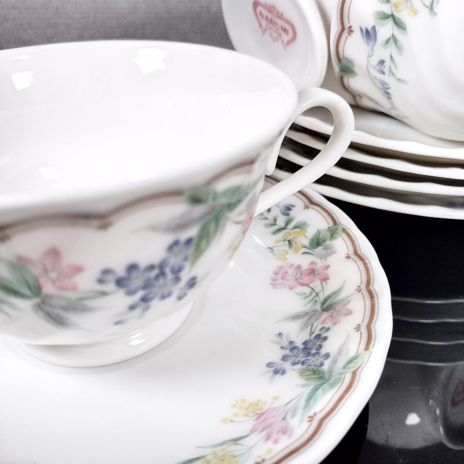 ナルミ 波ふち 茶色ライン 花柄 カップ＆ソーサー 5客 チャイナ 美品