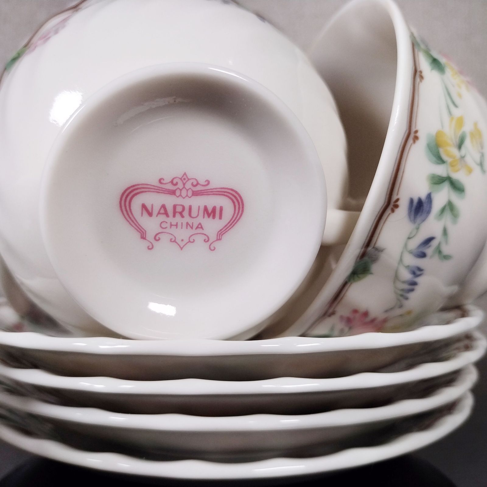 ナルミ 波ふち 茶色ライン 花柄 カップ＆ソーサー 5客 チャイナ 美品