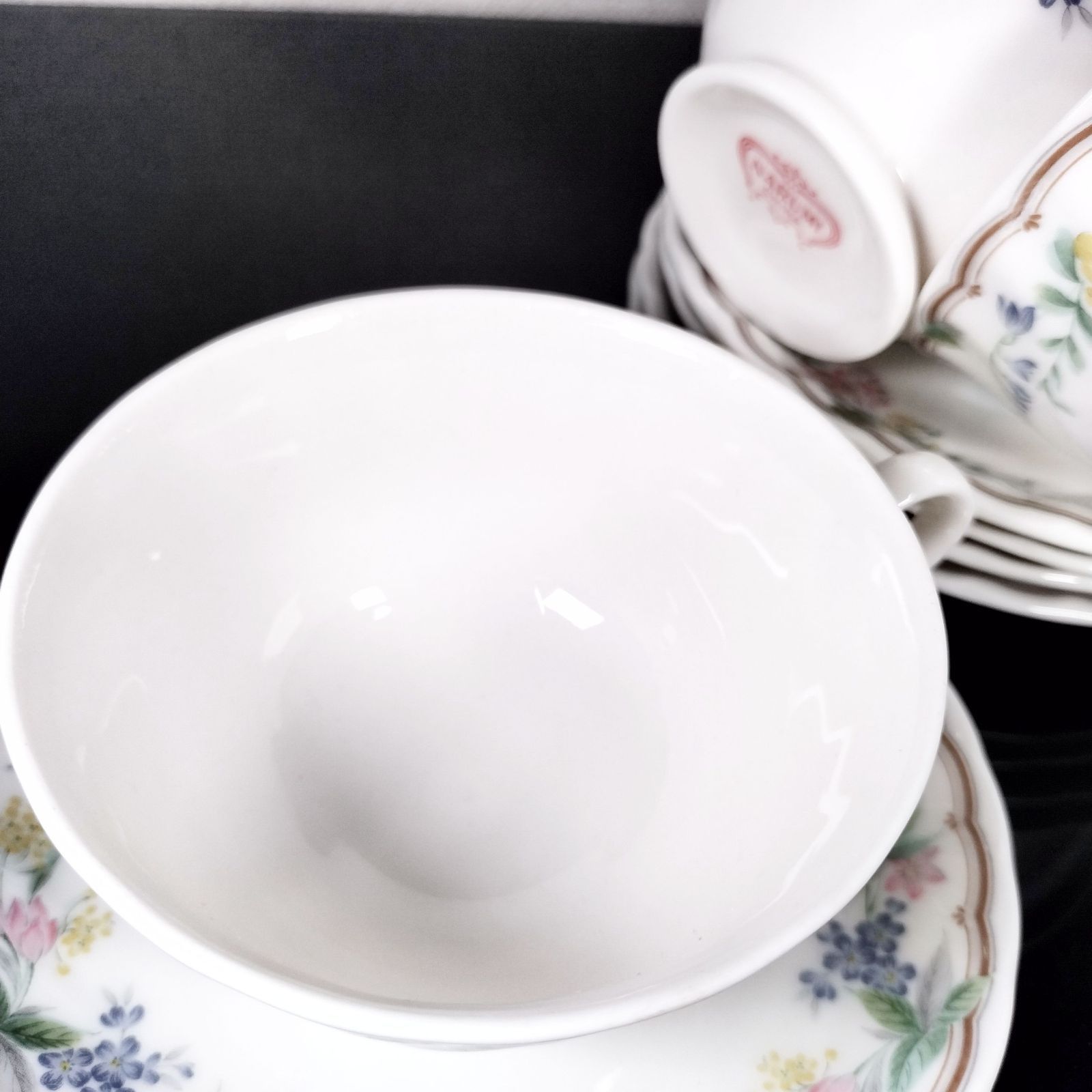 ナルミ 波ふち 茶色ライン 花柄 カップ＆ソーサー 5客 チャイナ 美品