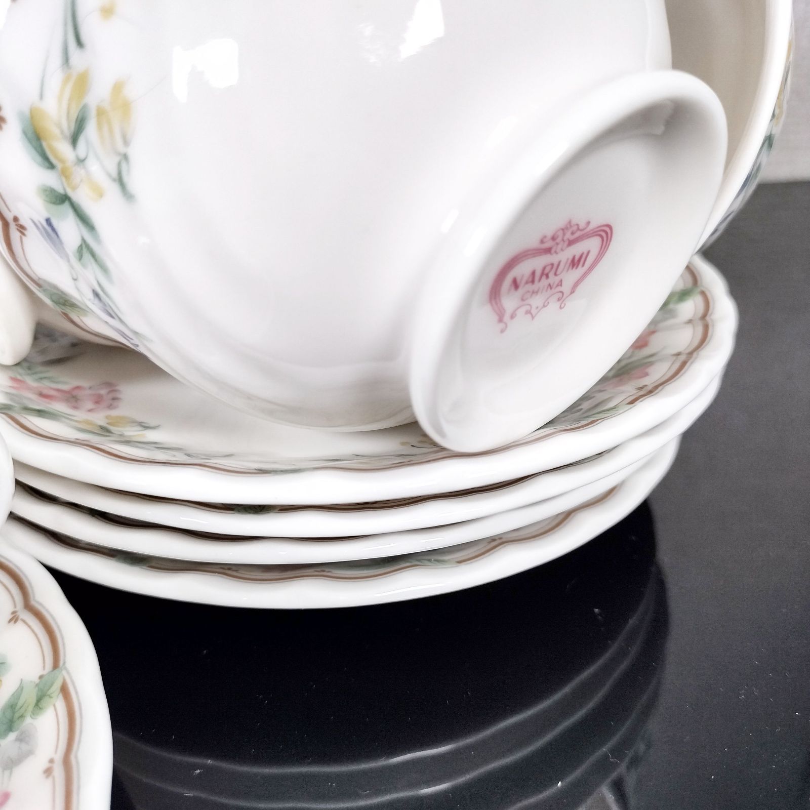 ナルミ 波ふち 茶色ライン 花柄 カップ＆ソーサー 5客 チャイナ 美品