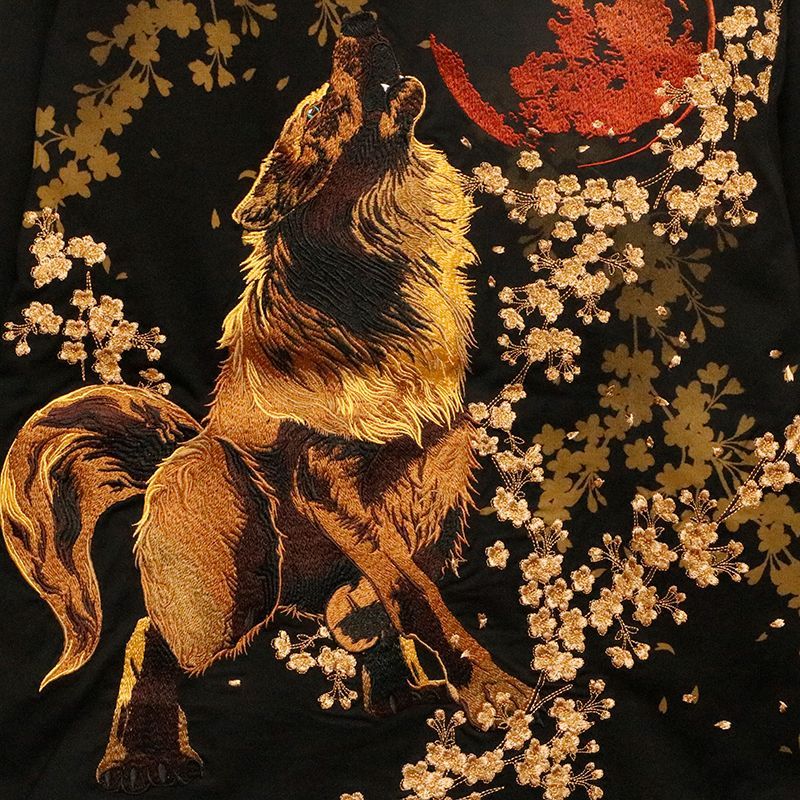 絡繰魂 粋 からくりだましい いき 満月と狼 刺繍 和柄 長袖Tシャツ