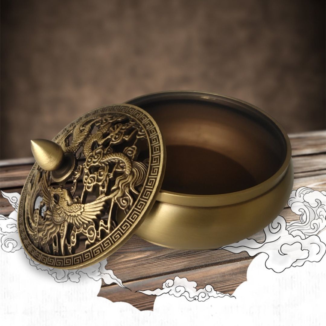 香炉 お香立て 銅製 彫刻 龍 鳳凰 丸型 スティック状お香 ホルダー