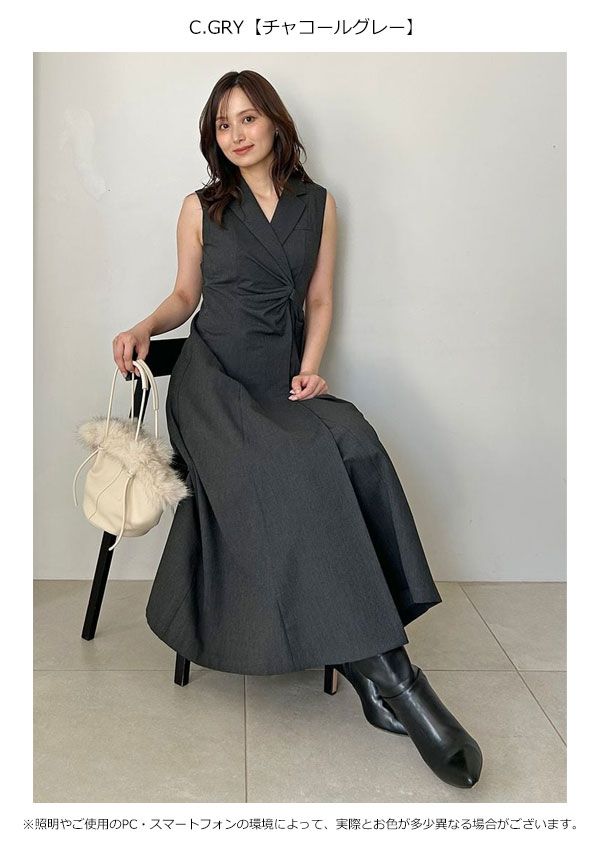 10 OFF スナイデル SNIDEL ワンピース 25秋冬 Sustainableサイドプリーツテーラードワンピース ノースリーブ ロング丈 レイヤード swfo 255076