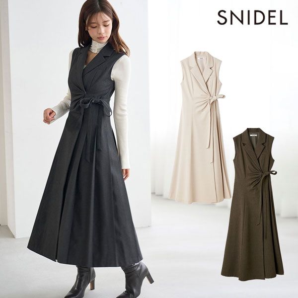 10 OFF スナイデル SNIDEL ワンピース 25秋冬 Sustainableサイドプリーツテーラードワンピース ノースリーブ ロング丈 レイヤード swfo255076