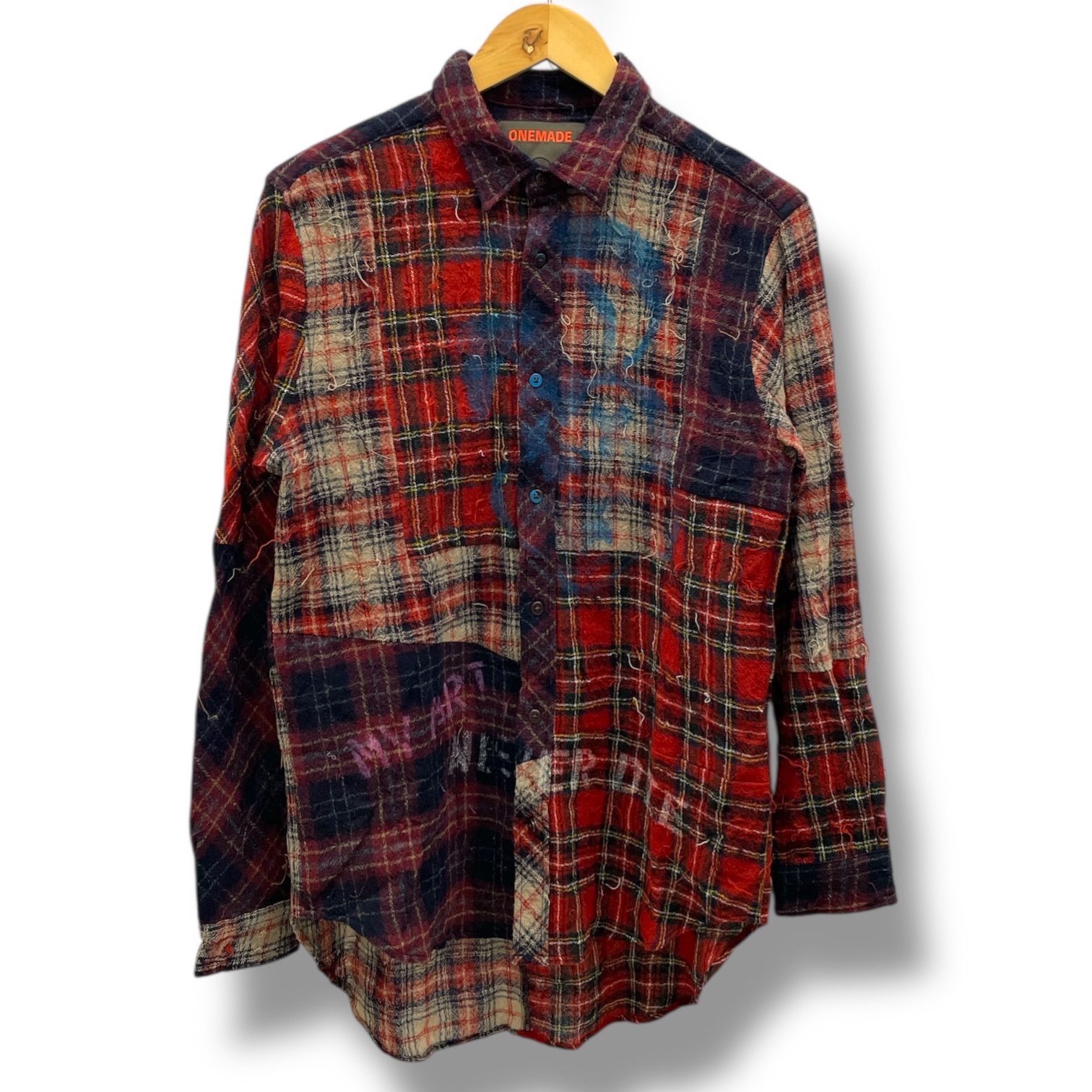 ONEMADE ワンメイド PATCHWORK SHIRT パッチワークシャツ 長袖シャツ チェック柄 ウール 羊毛 アート スプレーハンドワーク 赤 レッド 48サイズ メンズ 秋 冬 ゴーゴー古着久喜倉庫店 No.1397Y