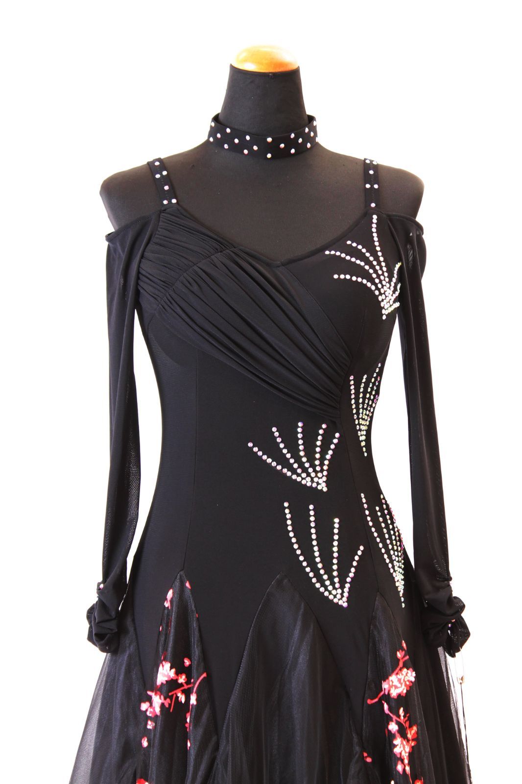 ロングドレス ブラック×赤プリント柄 Ｍサイズ コンテスト 発表会 パーティ ナイトロングドレス オーダーメイド対応可