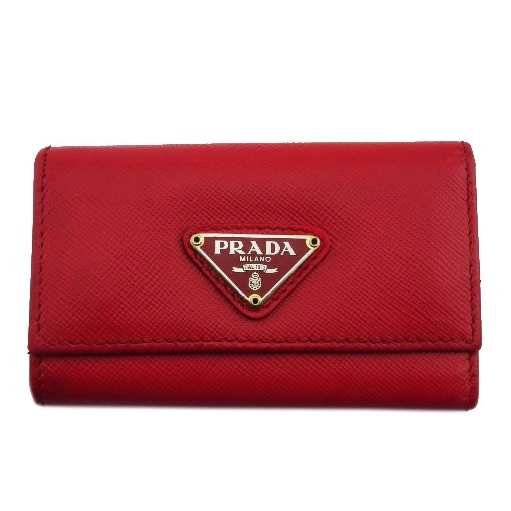プラダ PRADA キーケース トライアングルロゴ レッド サフィアーノレザー×ゴールド金具 レディース