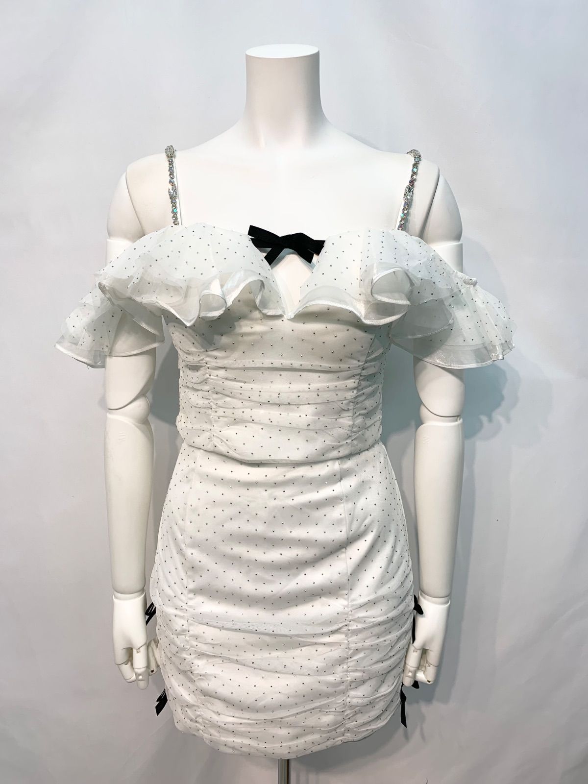 1775 ROBE de FLEURS ローブドフルール キャバクラ ドレス セットアップ キラキラ ストーン リボン フリル キャミ タイト ミニ キャバドレス M