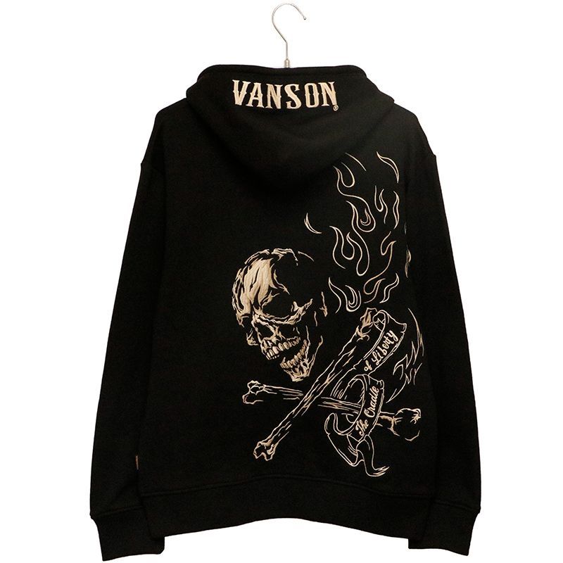 メンズ VANSON バンソン ジップアップパーカー クロスボーン スカル 黒 2XL