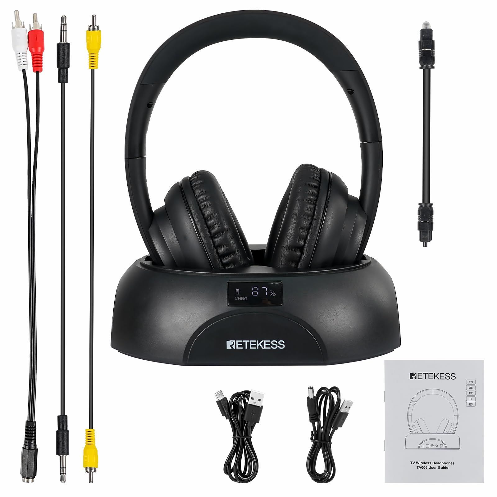ヘッドホン LCD テレビ 電量表示 長時間連続再生 ヘッドフォン 広い使用距離 ステレオ TA006 2台以上同時接続 同軸 光デジタル 3.5mmオーディオ RCA対応 Retekess オーバーイヤーヘッドホンTV用イヤホン