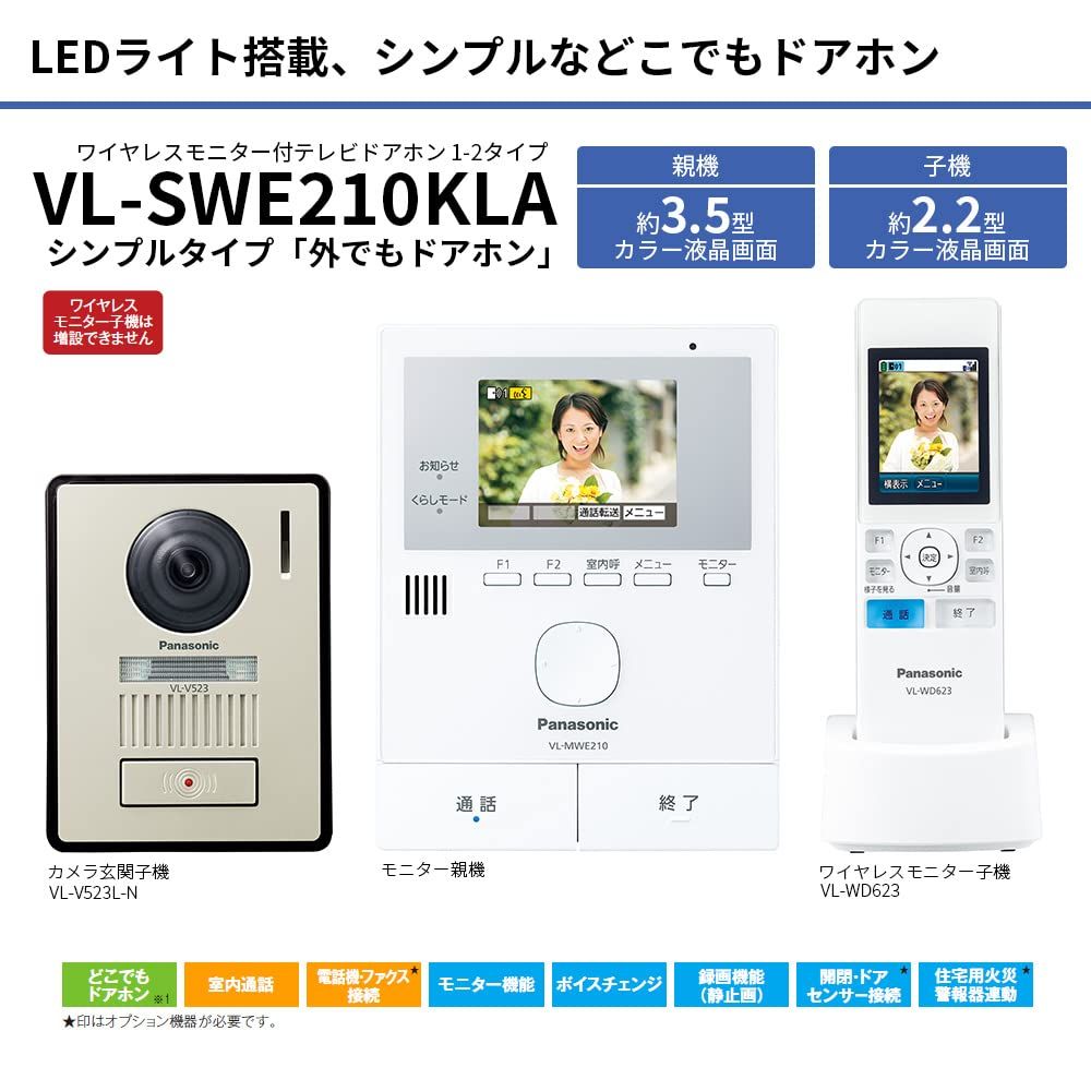 パナソニック テレビドアホン どこでもドアホン 自動録画機能 モニター 3.5型 液晶 玄関子機 露出型 LEDライト ワイヤレスモニター子機 約2.2型 液晶 VL-SWE210KLA New LEDライト搭載玄関子機 単品