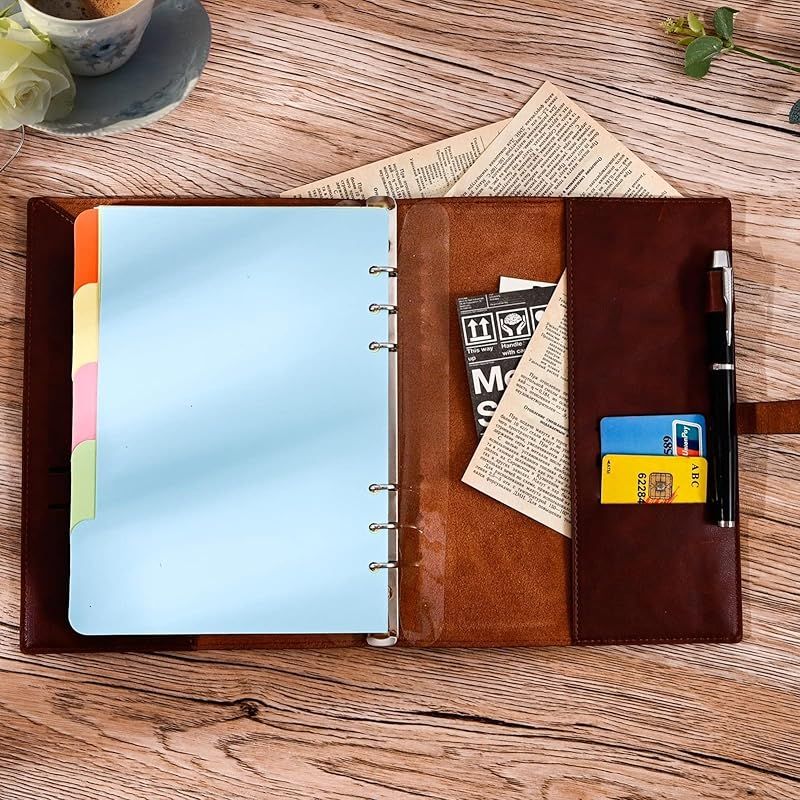 MEMOKPシステム手帳 A5 ノート メモ帳 本革 6穴リング ビジネス手帳 スケジュール帳 ポッケト収納 カード収納 オフイス用品 ルーズリーフ ペンホルダーリフィル付き 卒業 就職 昇進お祝い ポケット付き BROWN