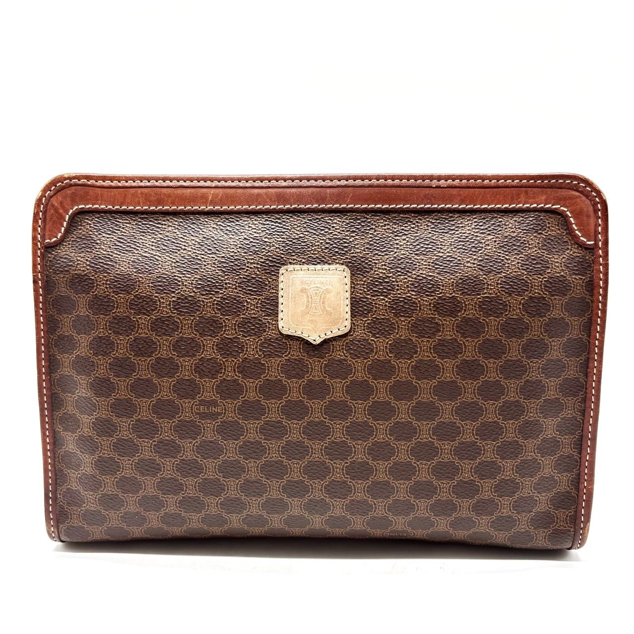 CELINE セリーヌ クラッチバッグ ハンドバッグ ポーチ マカダム柄 PVC レザー 革 ブラウン 茶色 ベージュ 肌色 ユニセックス 男女兼用 メンズ レディース