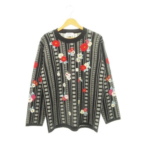 ケンゾー KENZO Composition by KENZO ニット セーター クルーネック 長袖 花柄刺繍 ノルディック ストライプ 総柄 M 黒 ブラック AH22 GY01