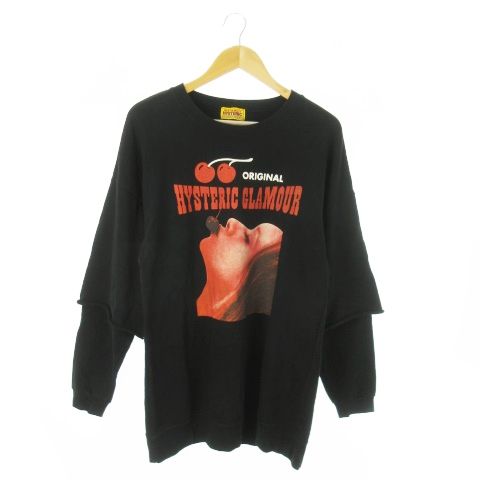 ヒステリックグラマー HYSTERIC GLAMOUR DIZZY-MILKY CHERRY ROUGH オーバーサイズスウェット ラウンドネック 長袖 フェイクレイヤード F 黒 ブラック 01213CS11 AO13 GY18