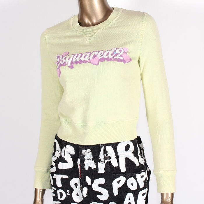 DSQUARED2 ディースクエアード クロップド スウェット シャツ S72GU0455 S25539 699 XSサイズ Mini Fit ライトグリーン ハート ロゴ プリント トレーナー クルーネック トップス レディース 本物 売れ筋