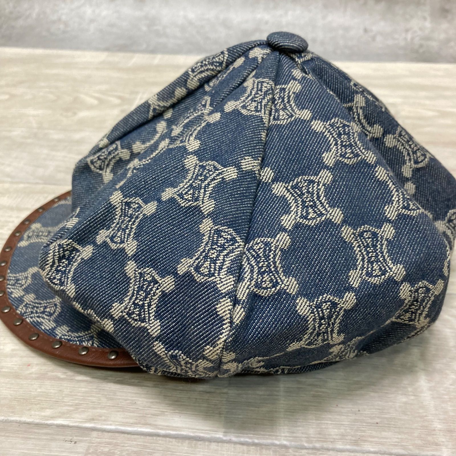 CELINE キャスケット 帽子 L マカダム デニム スタッズ セリーヌ 頭回り約55.5 cm 9435057 c