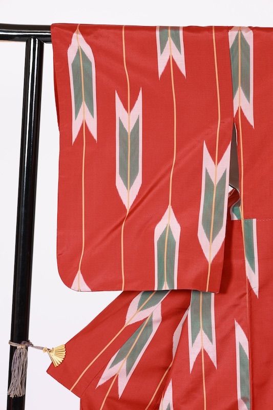 銘仙 赤 グリーン 黄 白 矢絣 B 1132