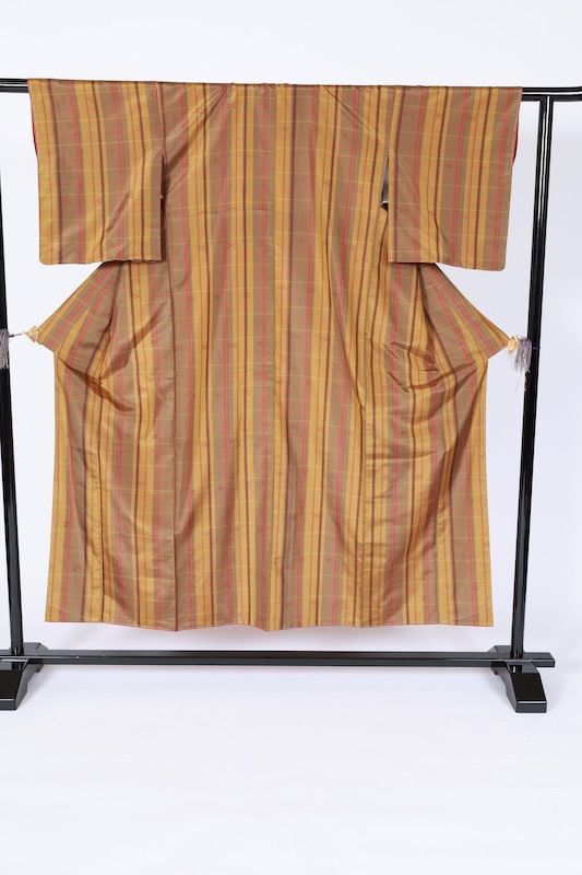 大島紬 黄 茶 燕脂 琉球柄 格子 B 1132