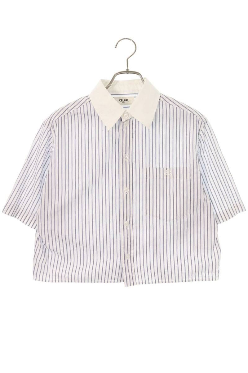 セリーヌ 2C751251R ボーダーロゴ刺繍半袖シャツ レディース 36