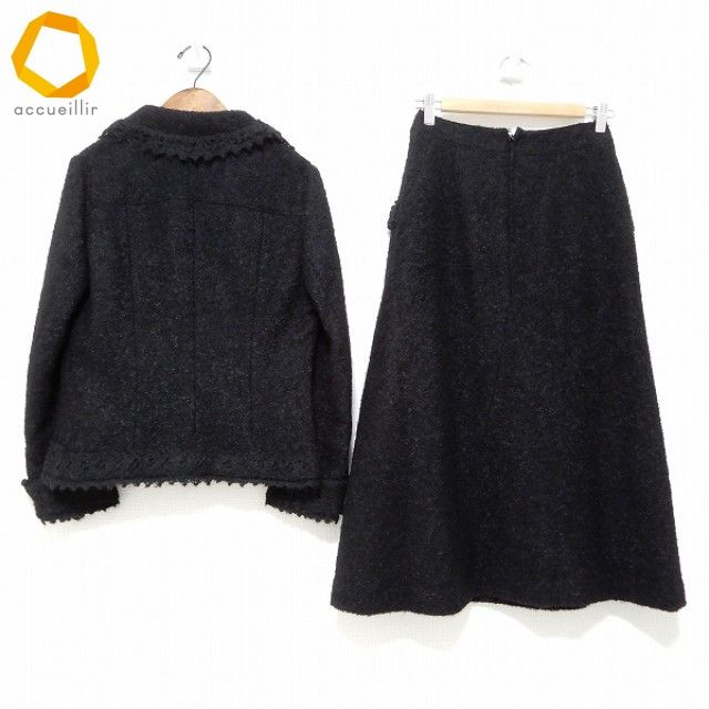 wnc インゲボルグ INGEBORG スカートスーツ セットアップ ツーピース ニット M 黒 ビーズ モヘヤ混 レディース 971541