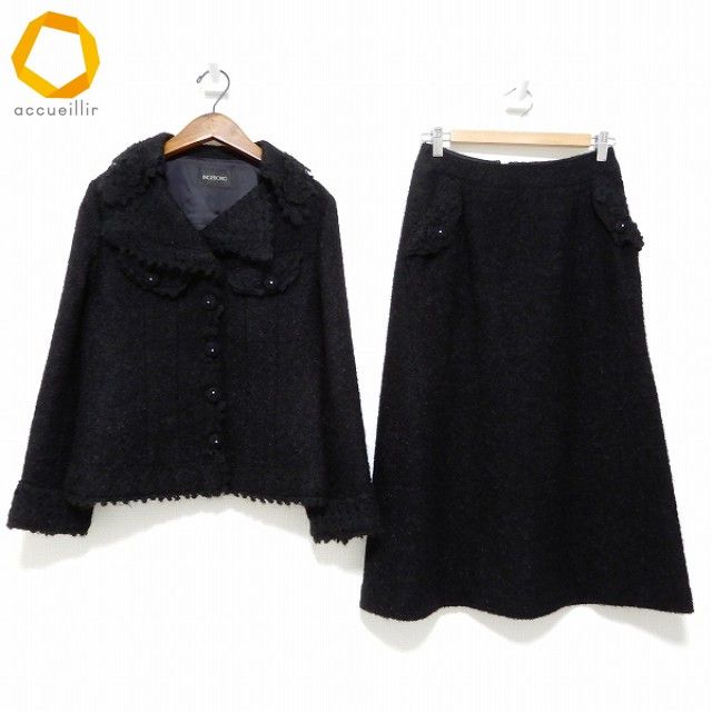 wnc インゲボルグ INGEBORG スカートスーツ セットアップ ツーピース ニット M 黒 ビーズ モヘヤ混 レディース 971541