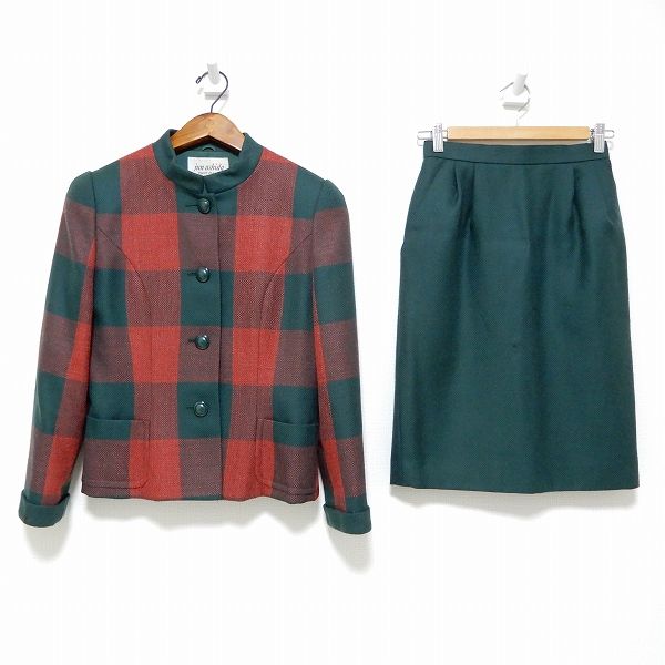wnc ジュンアシダ junashida スカートスーツ セットアップ ツーピース 9 赤系 緑 チェック レディース 973257