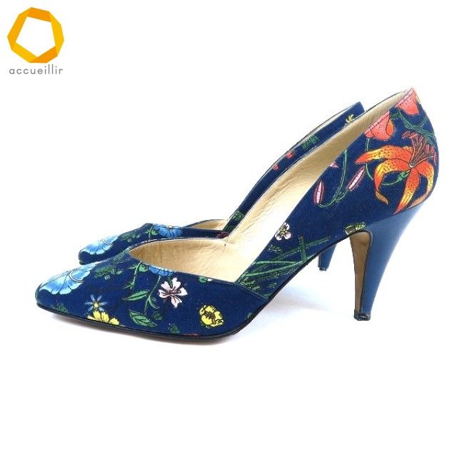 axs グッチ GUCCI パンプス 36 紺 花柄 フローラ フラワー 花柄