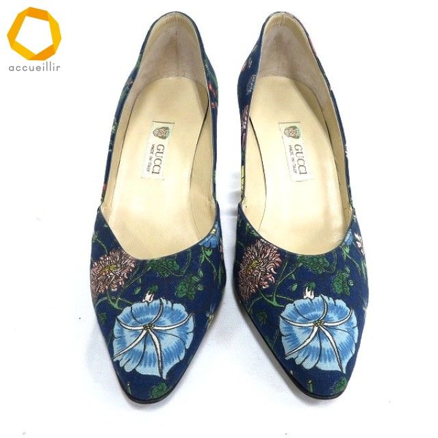 axs グッチ GUCCI パンプス 36 紺 花柄 フローラ フラワー 花柄