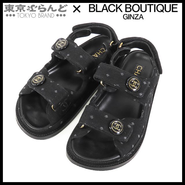 シャネル CHANEL ベルクロ サンダル G 35927 ブラック 黒 ゴールド金具 デニム ココマーク スポーツサンダル 35 レディース