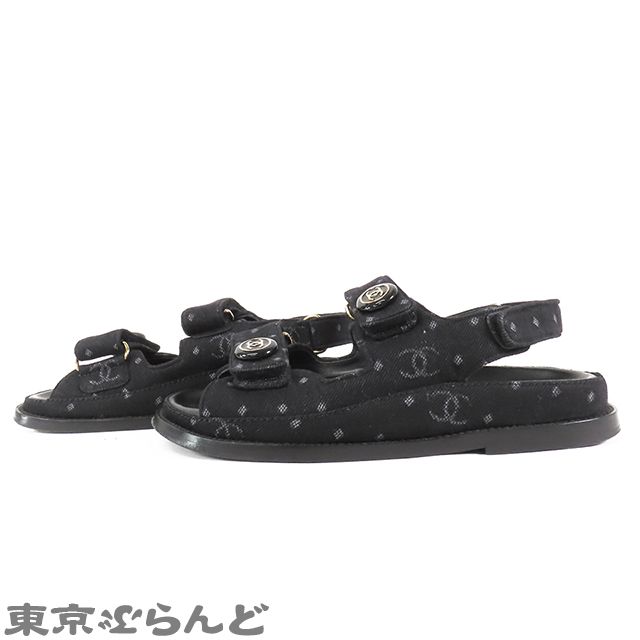 シャネル CHANEL ベルクロ サンダル G 35927 ブラック 黒 ゴールド金具 デニム ココマーク スポーツサンダル 35 レディース