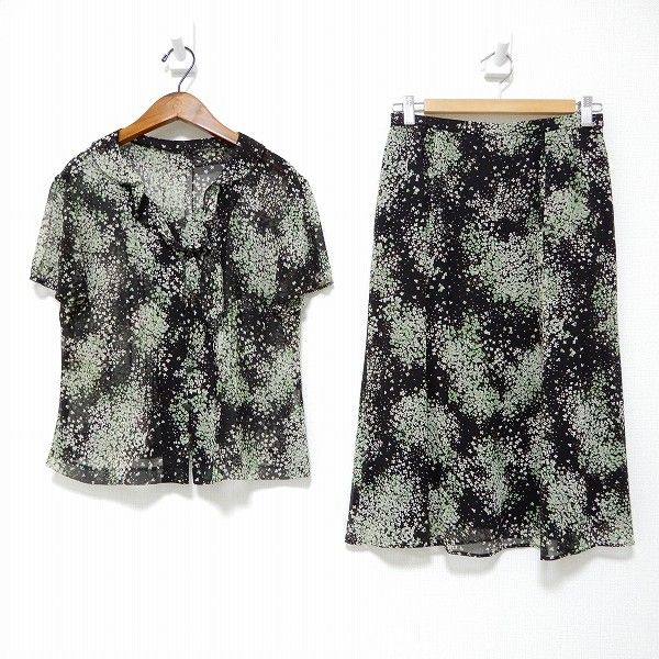 snc レリアン Leilian セットアップ ツーピース 半袖 シャツ ブラウス リボン フ スカート 花柄 11 薄緑 黒 レディース 887906