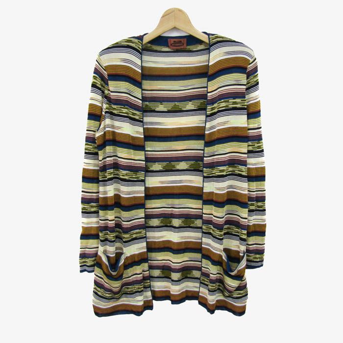 ミッソーニ オープンカーディガン トップス ロング ボーダー柄 イタリア製 レディース フリーサイズ 黄×紺 Missoni