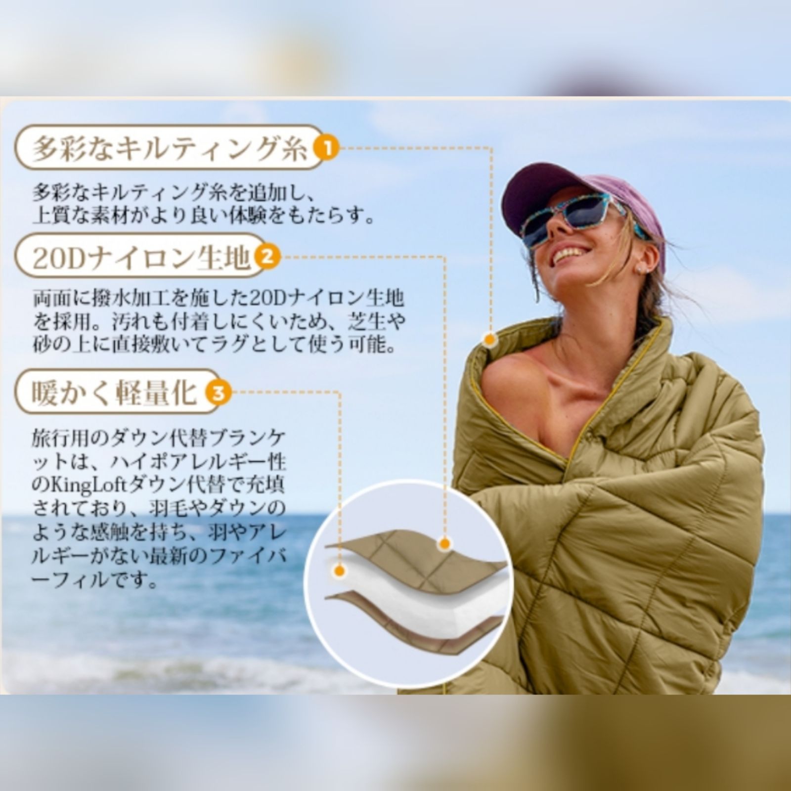 KingCamp ブランケット キャンプ マルチブランケット 夏用ブランケット ひざ掛け 防寒 耐久 軽量 コンパクト 撥水加工 丸洗い可 収納ケース付き アウトドア テント泊用 登山 キャンプ 車中泊 オフイス 自宅 冷房対策 OLIVEOS_COM_TR