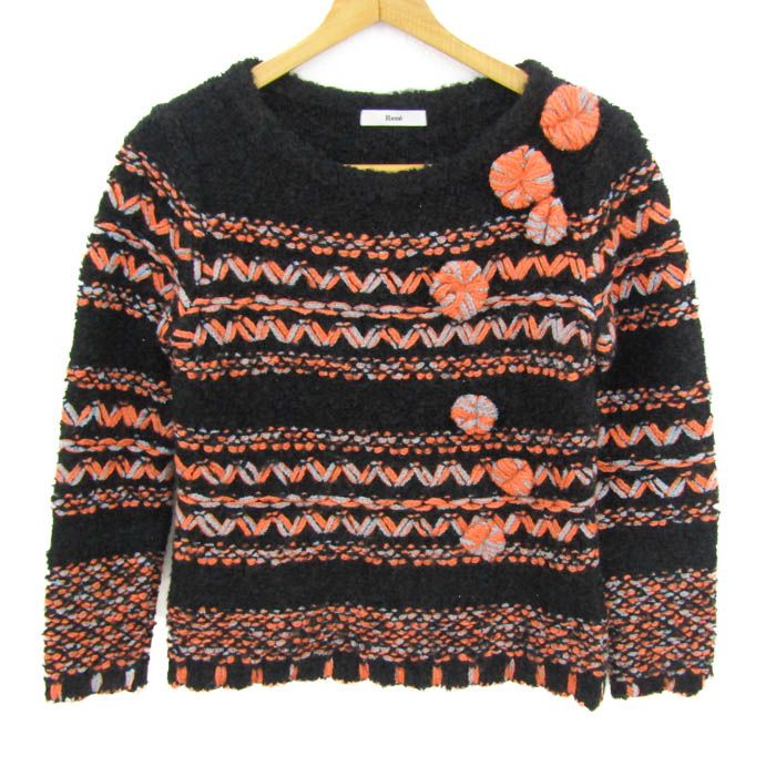 ルネ ニット トップス 長袖 セーター モヘヤ混 レディース 36サイズ 黒×オレンジ Rene