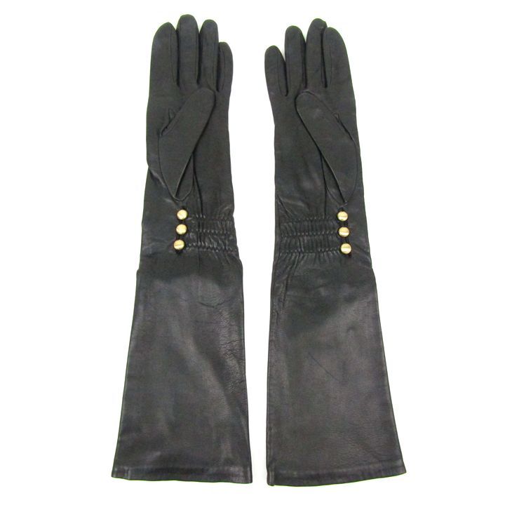 アニェル 手袋 レザー ロンググローブ 7-1 2サイズ レディース ブラック AGNELLE