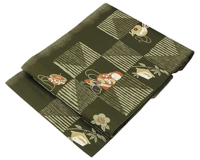 名古屋帯 仕立て上がり 兎 絵馬 だるま 市松 九寸名古屋帯 仕立済み h 3146