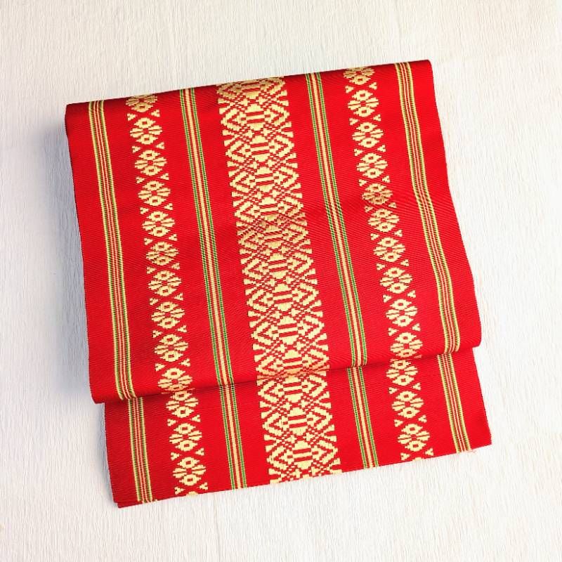 美品☆名古屋帯 博多織 献上柄 赤 金 緑 松葉仕立て 正絹 n10 - メルカリ